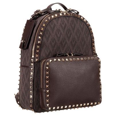 Valentino Garavani Rockstud Medium Backpack Dark Brown Canvas & Leather Ladies Rivet Bag