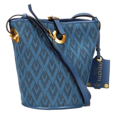 High Quality Valentino Garavani Female Deep Blue Canvas Bucket Bag Rhombic Patterned USA