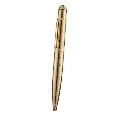 Cartier Grooved Pattern Premier Luxury Yellow Gold Ballpoint Pen With Logo Clamp Ring  