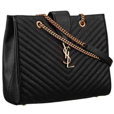Saint Laurent Classic Monogram Women Black Tote Two Leather And Chain Handle Straps Shopping Bag
