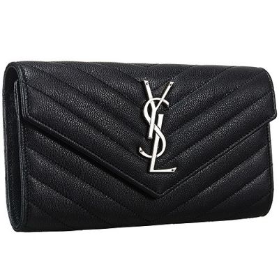  Saint Laurent Women's Monogram V-Pattern Quilted Black Leather Flip Wallet 