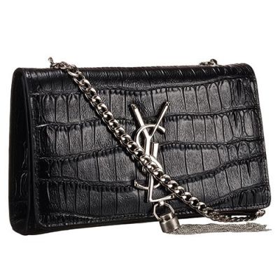 High Quality Saint Laurent Crocodile Leather Kate Monogram Black Shoulder Bag Silver Chain Tassel