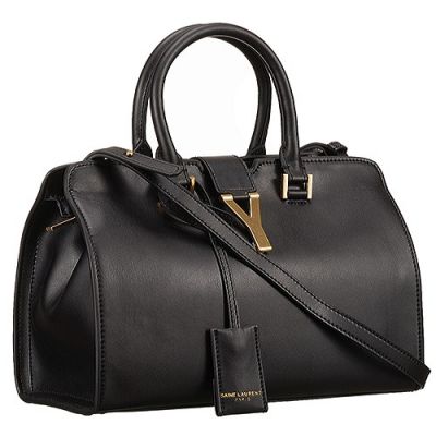 Women's Saint YSL Classic Cabas Tote Bag Two Round Leather Handles Brass Y Logo Front Black